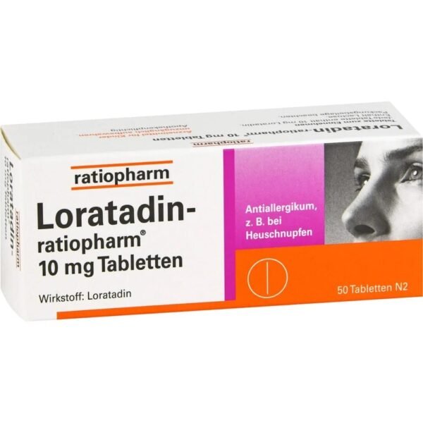50-count package of Loratadin-ratiopharm 10mg non-drowsy allergy tablets