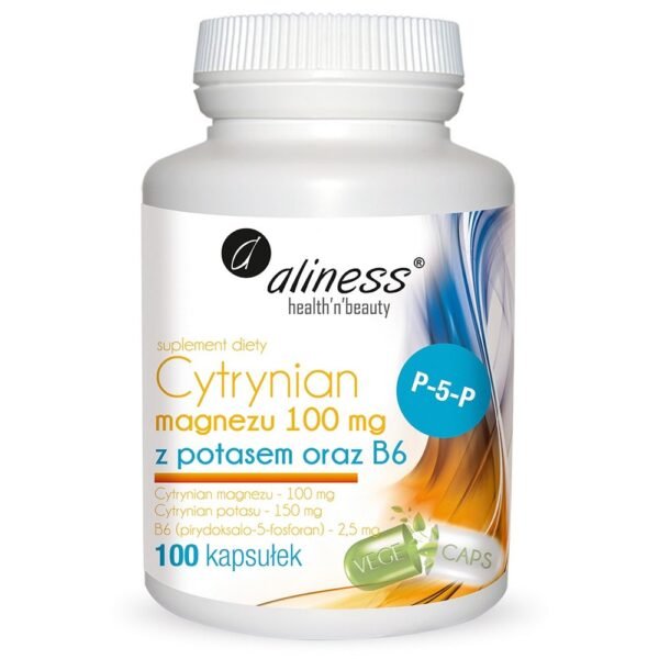 Aliness, Magnesium Citrate 100 mg with potassium 150 mg and B6 - 100 vegetarian capsules,Cytrynian Magnezu 100 mg z potasem 150 mg oraz B6 - 100 vege kapsulek
