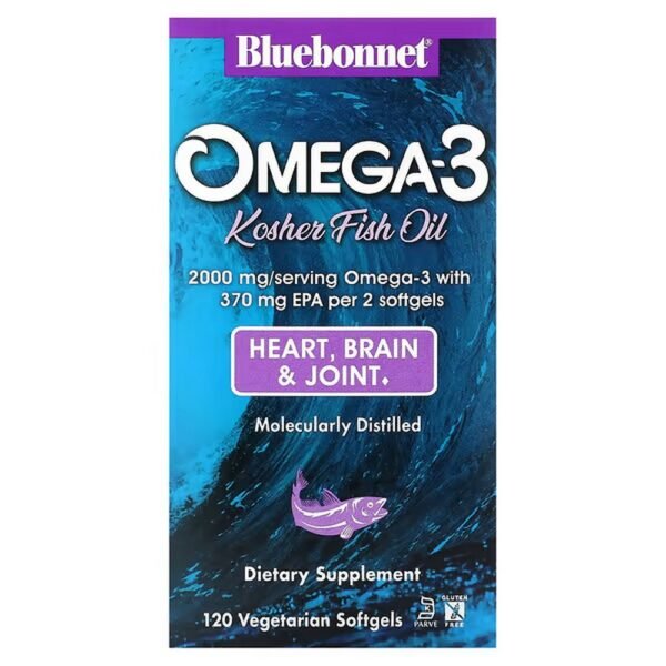 Bluebonnet Nutrition, Omega-3 Kosher Fish Oil, 2,000 mg, 120 Vegetarian Softgels (1,000mg per Softgel),Bluebonnet Nutrition, кошерный рыбий жир с омега-3, 2000 мг, 120 вегетарианских капсул (1000 мг в одной капсуле)