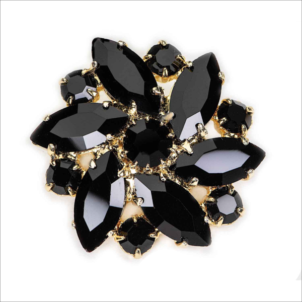 Brooch Black Gold Rosette Crystals Jet Kiara Gift Elegant Vintage;Broche Roseta de Oro Negro Cristales Jet Kiara Regalo Elegante Vintage