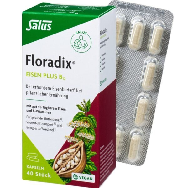 FLORADIX iron plus B12 vegan capsules 40 pcs, FLORADIX Eisen plus B12 vegane Kapseln 40 Stk