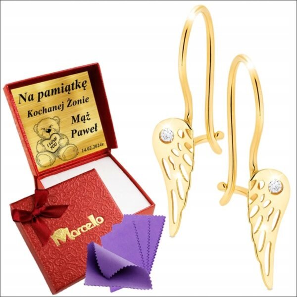 Gold Earrings Wings Hanging with Cubic Zirconia 333 Engraving FREE GIFT;Pendientes de Oro Alas Colgando con Circonita Cúbica 333 Grabado REGALO GRATIS