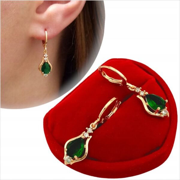 GOLD TEARRING EARRINGS DROPS GREEN WITH ZIRCONS ELEGANT FOR WOMEN;PENDIENTES DE ORO PENDIENTES GOTAS VERDE CON CIRCONITAS ELEGANTES PARA MUJER