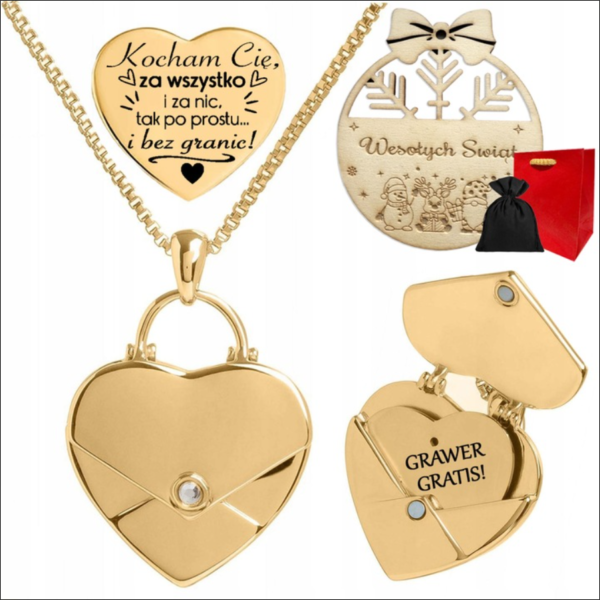 Necklace with ENGRAVING envelope HEART gift FOR HER CHRISTMAS gold + freebie