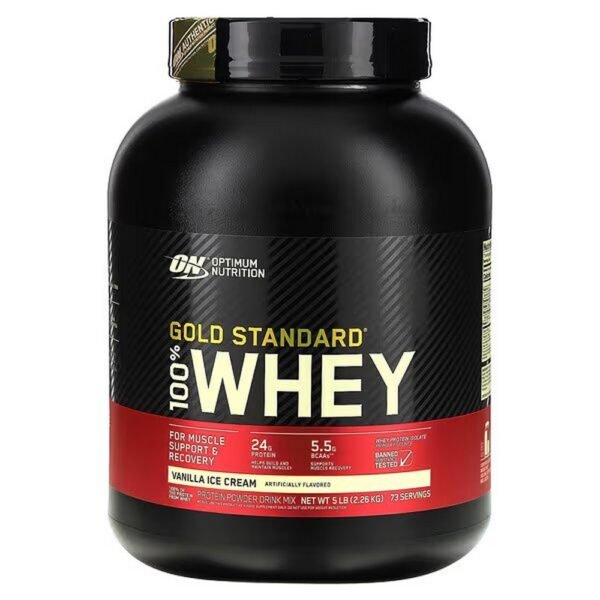 Optimum Nutrition, Gold Standard 100% Whey, 100% Whey, Vanilla Ice Cream, 2.26 kg (5 lb.),Optimum Nutrition, Gold Standard 100% Whey, 100% Molke, Vanilleeis, 2,26 kg (5 lb.)