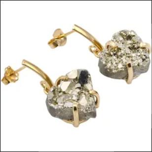 Brazi Druse Jewelry Pyrite Raw Hanging Heart Earrings;Pendientes Colgantes de Corazón Crudo de Pirita de Joyería Drusa de Brazi