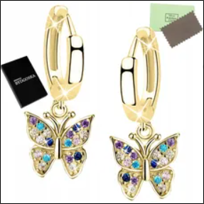 Bydgoszcz Mint Gold Earrings 925 Hanging Colorful Butterflies;Pendientes de Oro Menta Bydgoszcz 925 Mariposas de Colores Colgantes