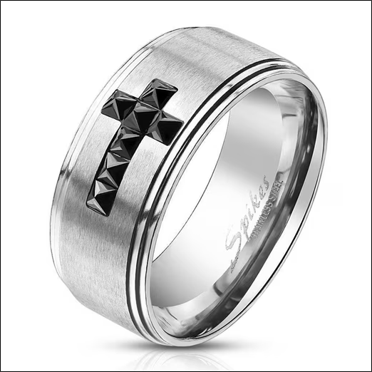 Finger Ring Black Crystal Cross Stainless Steel Men;Bague Croix en Cristal Noir En Acier Inoxydable pour Hommes