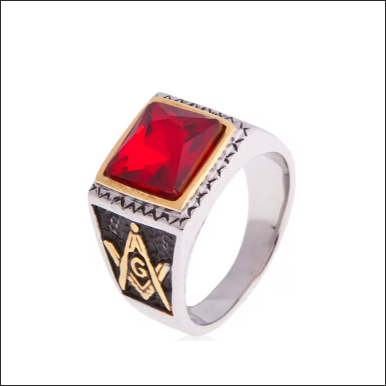 Finger Ring Men Stainless Steel 316L Gold Men Ring - Masonic Stone Red - RHC94R;Bague pour Hommes En Acier Inoxydable 316L Bague pour Hommes en Or-Pierre Maçonnique Rouge-RHC94R