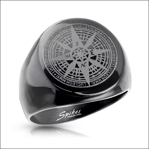 Finger ring signet ring compass black made of stainless steel for men;Bague chevalière boussole noire en acier inoxydable pour homme