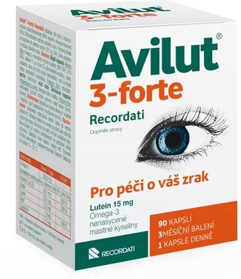 Contains omega-3 fatty acids, lutein, and zeaxanthin for comprehensive eye support-Avilut 3-forte Recordati 90 capsules