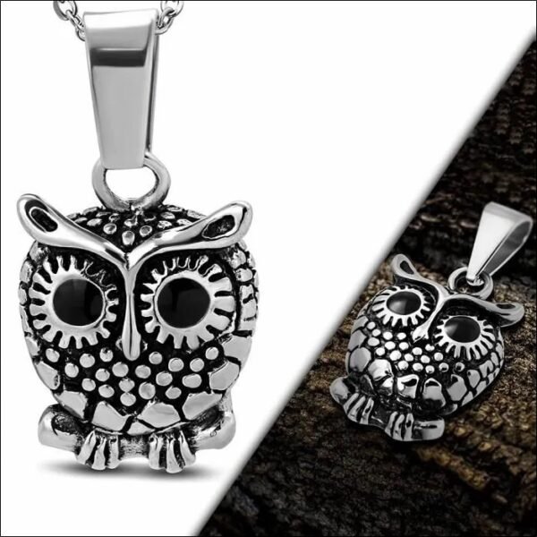 Men's biker owl pendant with big eyes;Colgante de búho motero para hombre con ojos grandes