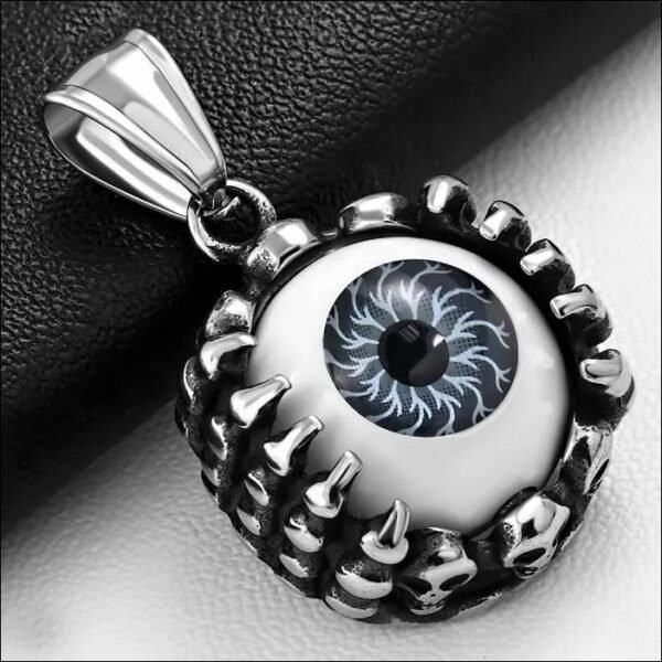 Men's biker pendant with gray eye and eagle claws in steel;Colgante de motociclista para hombre con ojo gris y garras de águila en acero