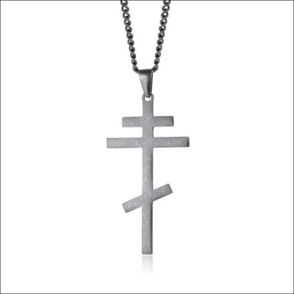 Men's Necklace with Vintage Silver Stainless Steel Orthodox Cross Pendant, Christian Jewelry;Collar para Hombre con Colgante de Cruz Ortodoxa de Plata Vintage de Acero Inoxidable, Joyería Cristiana