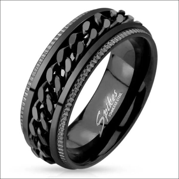 Men's ring in black steel with rotating chain and commitment symbol;Anillo de hombre en acero negro con cadena giratoria y símbolo de compromiso