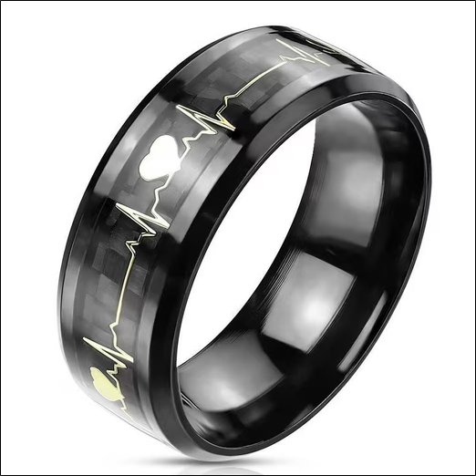 Partnerring Couple Ring Black with Golden 3D Inlay Heartbeat Made of Stainless Steel Unisex;Bague partenaire Bague Couple Noir avec Incrustation 3D Dorée Battement de coeur En Acier Inoxydable Unisexe