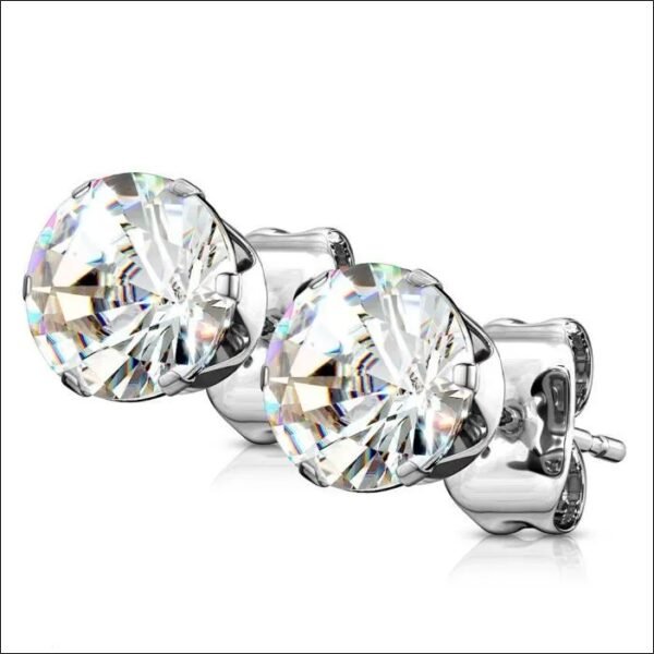 Silver Steel Stud Earrings for Men and Women - White Round Stone - Cheap (5mm);Aretes de Acero Plateado para Hombres y Mujeres-Piedra Redonda Blanca-Barato (5 mm)