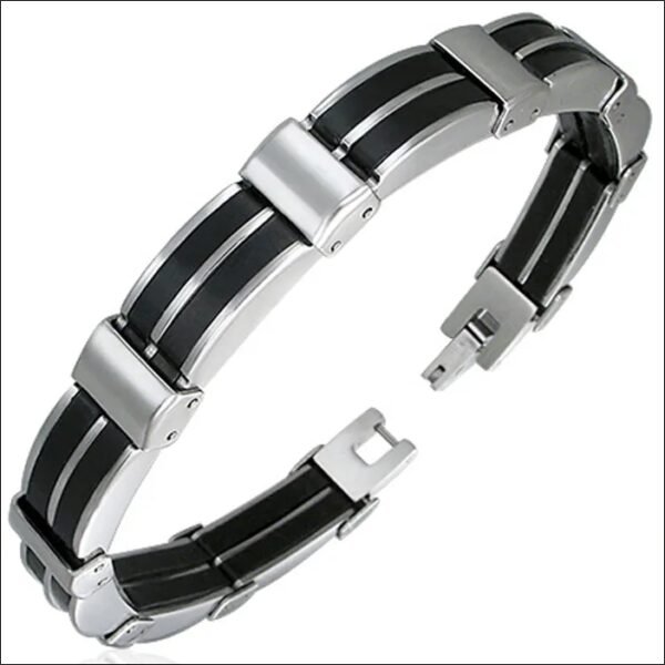 Zense - Men's stainless steel and black rubber bracelet ZB0145;Zense-Pulsera de acero inoxidable y caucho negro para hombre ZB0145