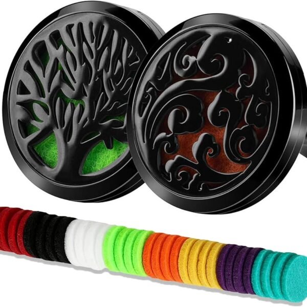Car Aromatherapy Essential Oils Diffuser, Air Freshener, 30 mm Stainless Steel Black Medallion Vent Clip, Set of 2 with 32 Refill Pads