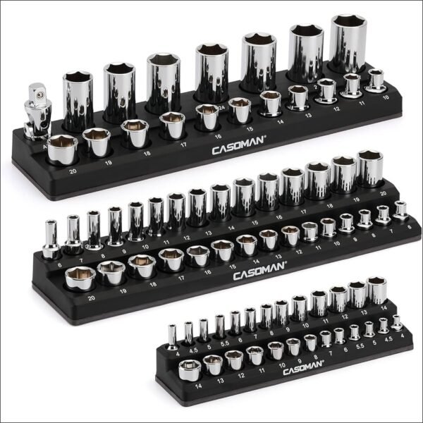 CASOMAN 3PCS Magnetic Socket Organiser, Socket Holder Kit, 1/2-inch, 3/8-inch, 1/4-inch Drive, Holds 75 Metric Sockets, Black Colour, Professional Quality Tools Organiser