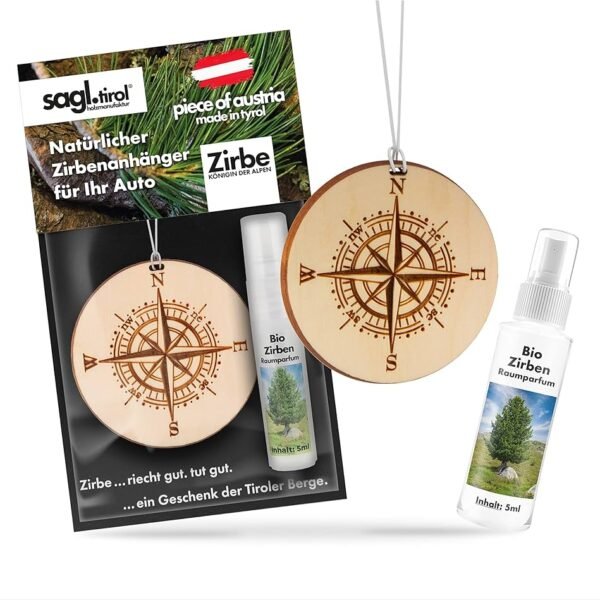 sagl.tirol Car Fragrance Made of Swiss Pine Wood, (100% Organic) includes Swiss Pine Space Perfume, 5 ml, Different Motifs, Natural Car Fragrance Tree, Interior Car Fragrance, Car Air Freshener, Car Fragrance, Fragrance Dispenser, Compass