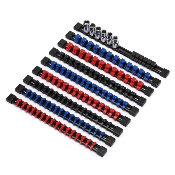 CASOMAN 9PC ABS Socket Organiser, 1/4-Inch, 3/8-Inch, 1/2-Inch, Premium Quality Socket Holders (9-Piece Set, Blue, Red, Black)