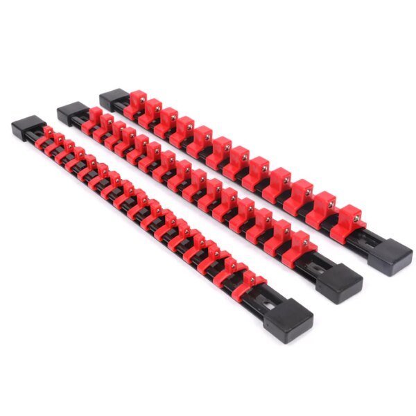 CASOMAN 3 PC Set Socket Organiser, SAE And Metric Socket Holder Rail, 1/4 Inch Drive x 16 Clips, 3/8 Inch Drive x 15 Clips, 1/2 Inch Drive x 12 Clips, Premium Quality Socket Holder (Red)