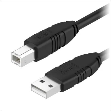 2-meter black USB-A to USB-B cable with durable PVC construction, supporting data transfer rates up to 480 Mbps.