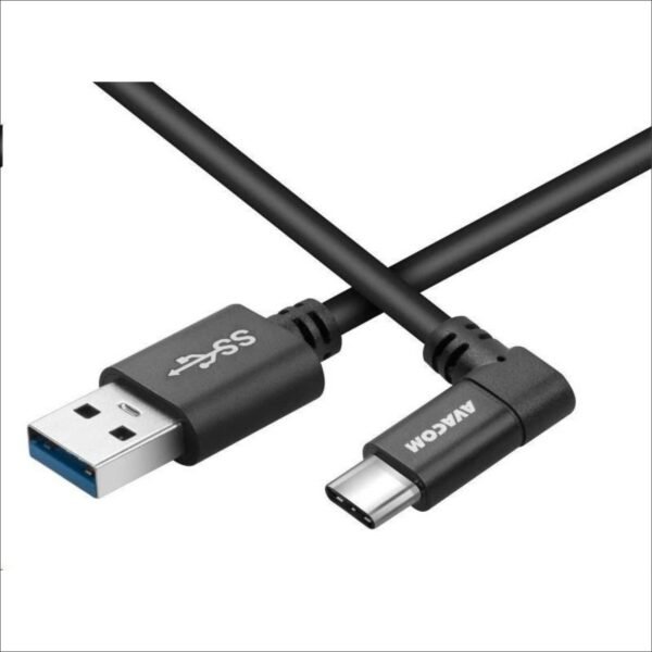 1-meter USB Type-A to USB Type-C data and charging cable with a 90-degree angled connector, black.