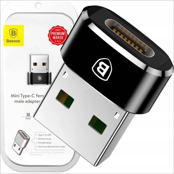 Compact USB-C to USB-A adapter with aluminum housing, supports data transfer up to 480 Mbps and charging up to 2.4A.