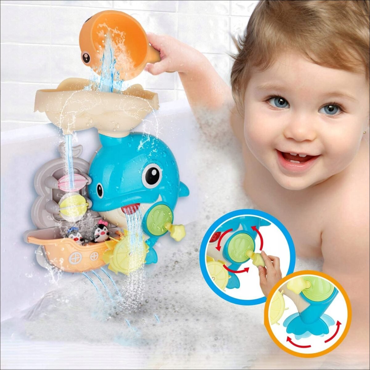 A cheerful toy  in the shape of a cute dolphin is designed for playing while bathing in a bathtub, shower or pool. The dolphin will also be a great solution for parents whose little one is afraid and refuses to bathe.