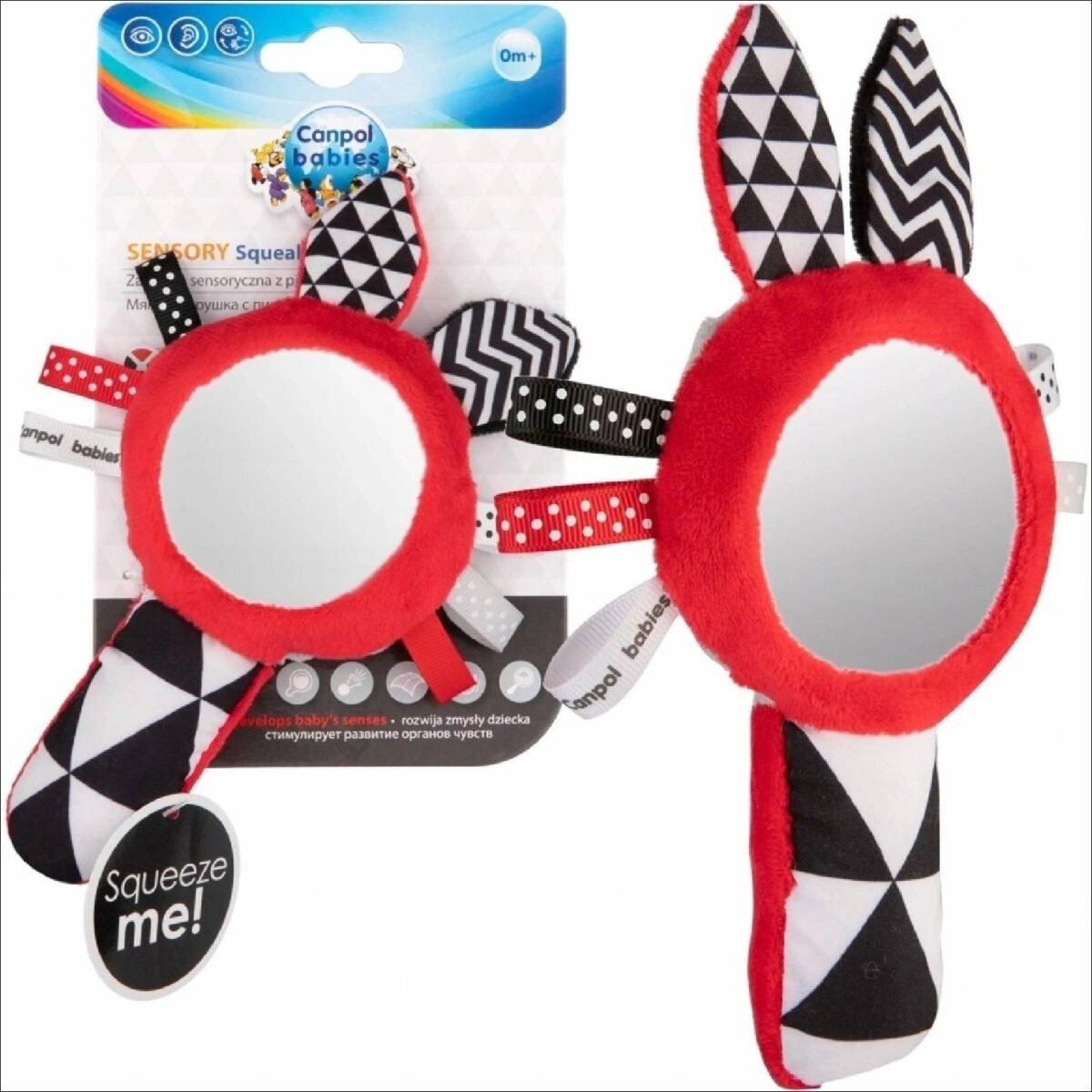 The Canpol Babies Sensory Squeaky Toy, a contrasting squeaky toy with interactive elements, supports the development of the child from the first days. It stimulates visual, auditory and motor coordination. It will entertain the toddler for a long time.