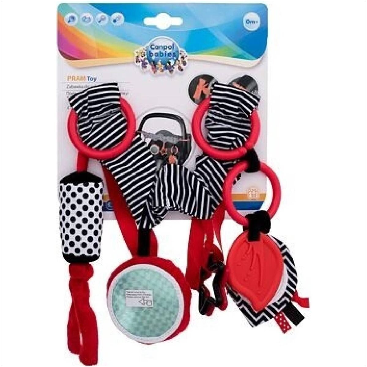 Contrasting hanging toy for stroller/car seat SENSORY. The hanging toy with a mirror is suitable for even the smallest children. The toy has two attachment options and can be placed on a stroller, car seat or crib.