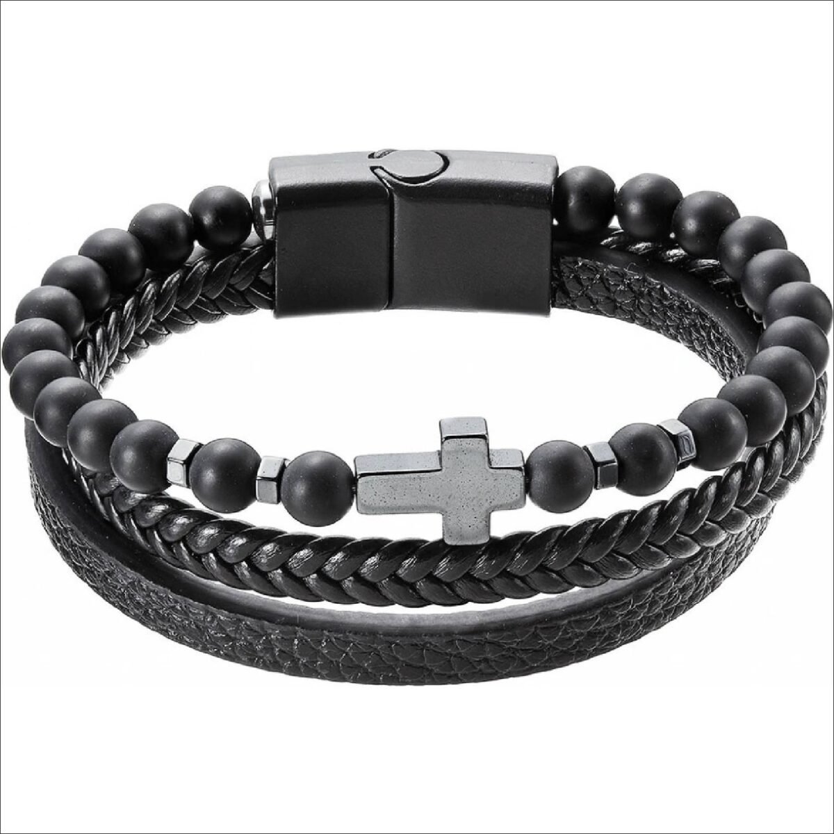 Evolution Group CZ;Evolution Group men's bracelet leatherette and beads with cross 43044.3 black;Evolution Group CZ