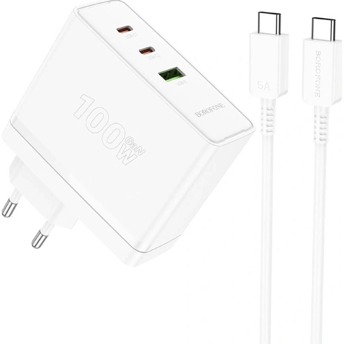 Borofone BN11 fast charger including USB-C data cable 100W in white.