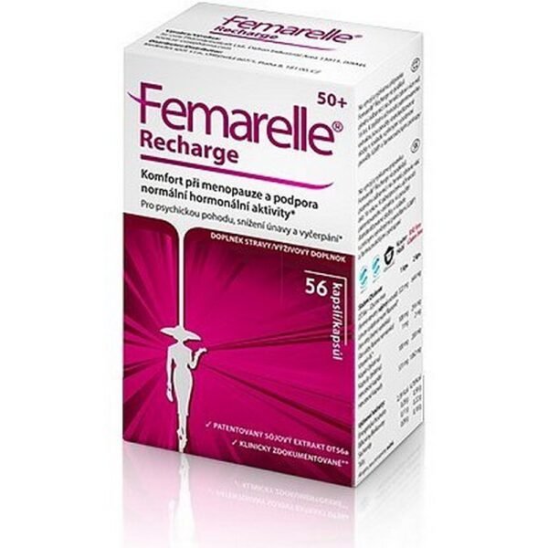 Femarelle Recharge 50+ 56 capsules is a dietary supplement designed for women over 50 to support hormonal balance during menopause and beyond.