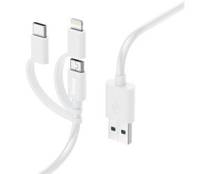 The Hama 3-in-1 Multi-Charging Cable offers versatility with three connectors: Lightning, Micro USB, and USB-C, making it ideal for charging multiple devices.