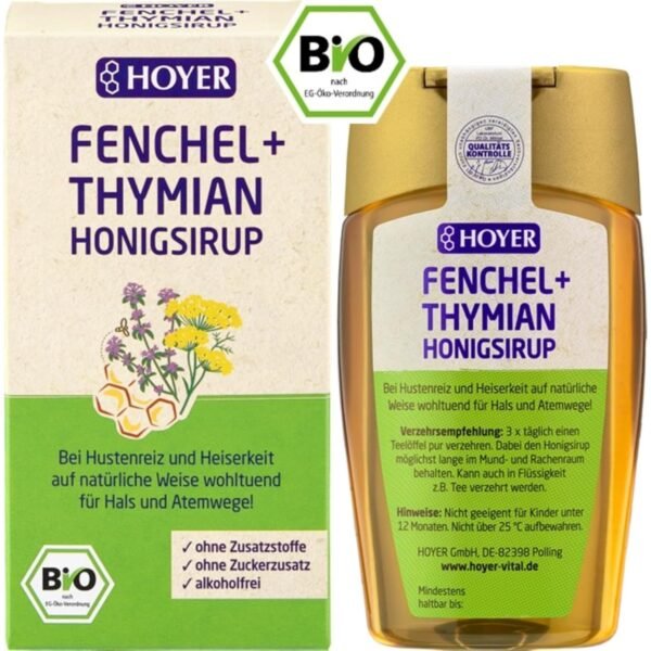 HOYER Fenchel & Thymian Honigsirup Bio - Wohltuend bei Husten & Heiserkeit - Sirup aus Honig, Fenchelöl & Thymianöl - 250 g Dosierspender
