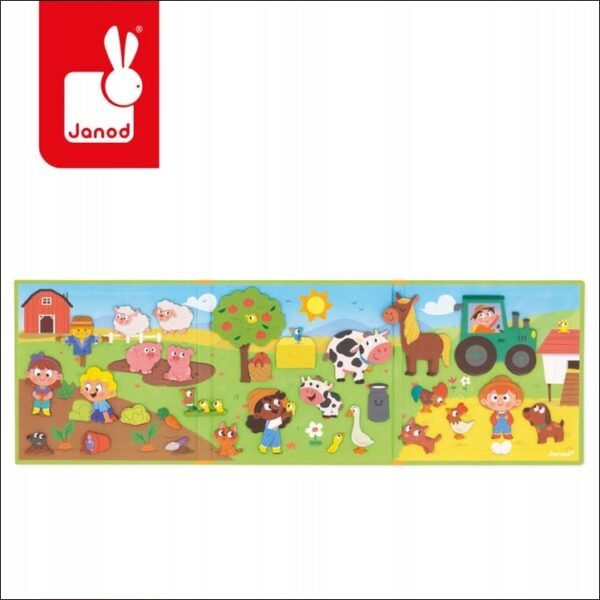 Magnetic Stories Farm from the Magneti'stories line by the French brand Janod contains 30 magnets - farm animals, farmers and gardeners, children, plants and other landscape elements, which are the components for creating an original illustration on a foldable triple board. Magnets allow you to create your own stories, the heroes of which are people and animals living on the farm. This is great entertainment for all creative children.