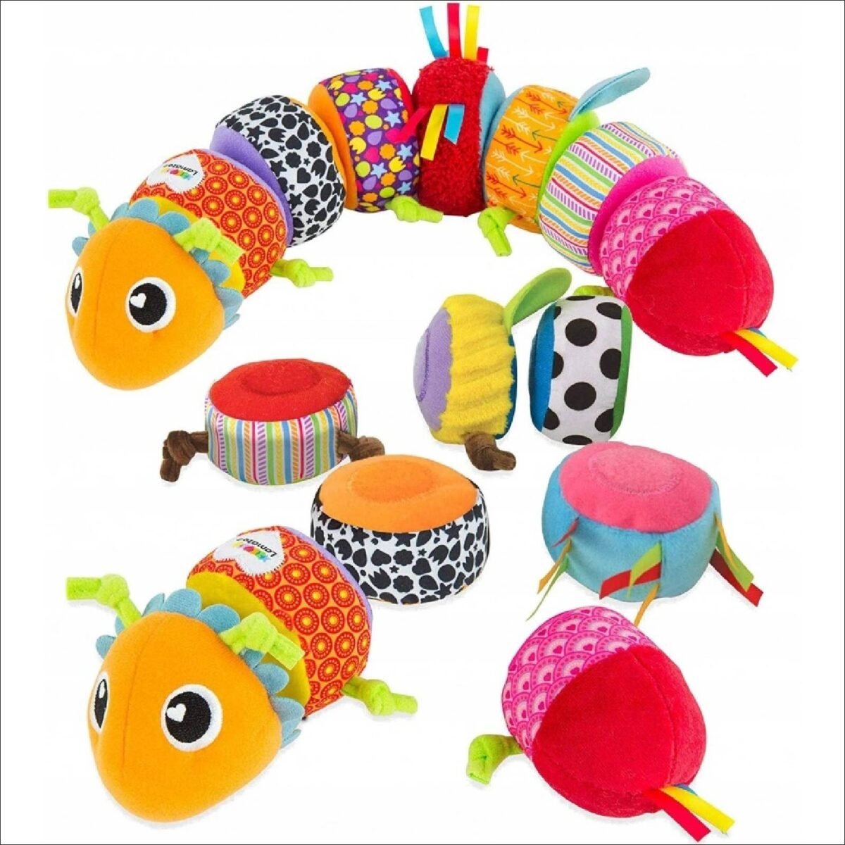The connecting caterpillar is made of differently structured and colored materials that stimulate vision, touch and develop motor skills. 