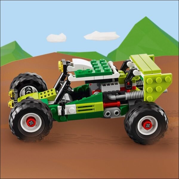 Get ready for incredible adventures with three vehicles. Jump behind the wheel of the off-road buggy with big wheels and speed through dunes or forest trails. When you reach the end of the track, rebuild the buggy into a powerful loader that can lift objects. You can also transform the model into an off-road vehicle and race further, or use your imagination to build something completely new. The fun never ends with this three-in-one set.