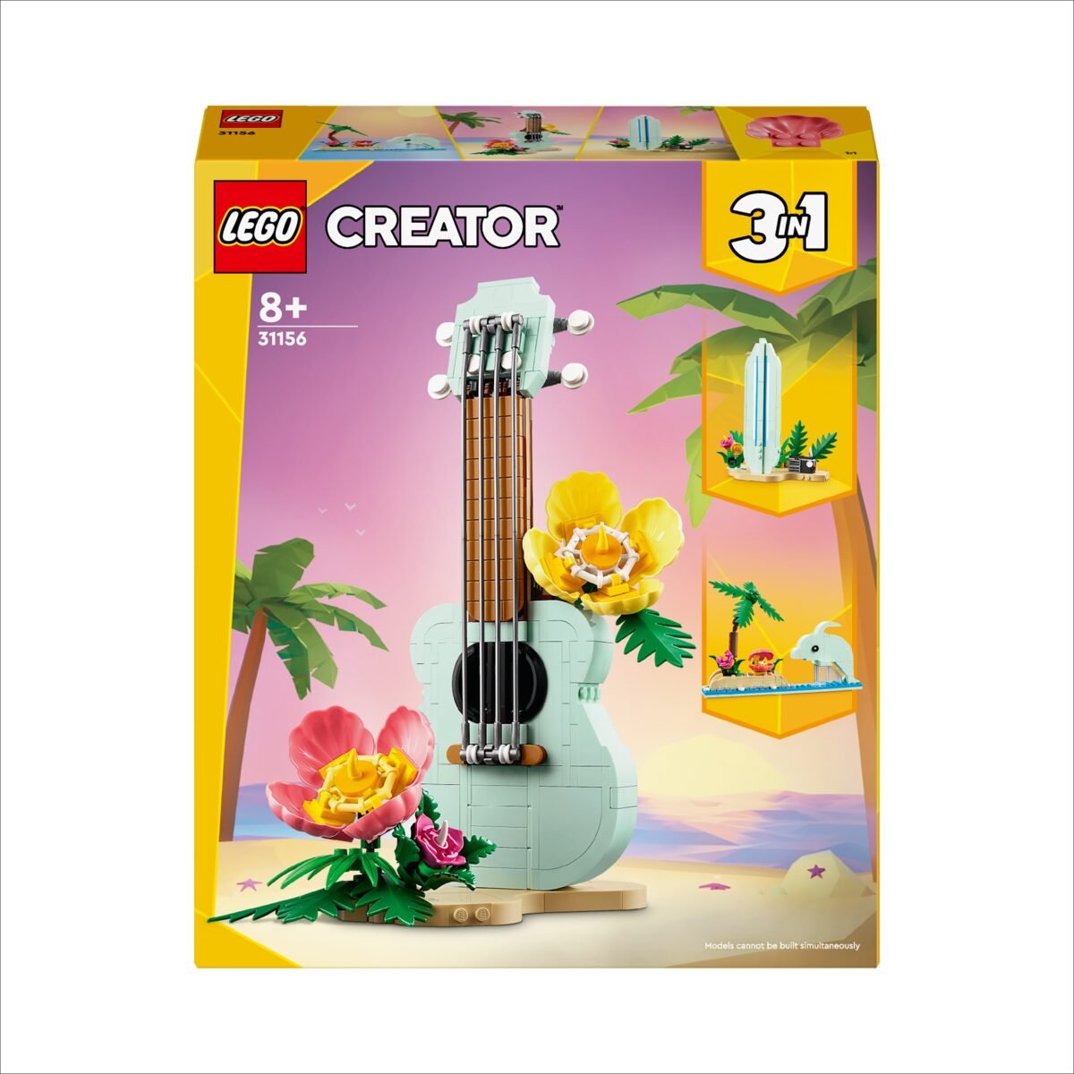 Kids can build, play and display 3 beach-themed models with the 3in1 LEGO® Creator Tropical Ukulele (31156) set. It also makes a great gift for boys and girls aged 8 and up. It features a ukulele on a beach-shaped stand with 2 colourful flowers and grass. The instrument detaches from the stand and the 4 plastic strings vibrate when you pull them.
