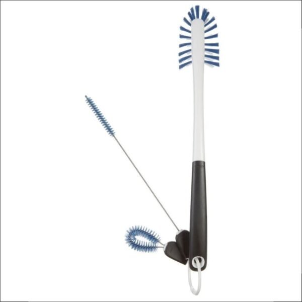 The OXO Good Grips Bottle Cleaning Set offers a comprehensive solution for cleaning bottles, jars, and other containers. The set includes a long bottle brush and a flexible straw brush to reach tight spaces. Both brushes feature the signature Good Grips design with non-slip handles, making them comfortable and easy to use. The brushes are made of durable plastic and can be easily cleaned for repeated use.