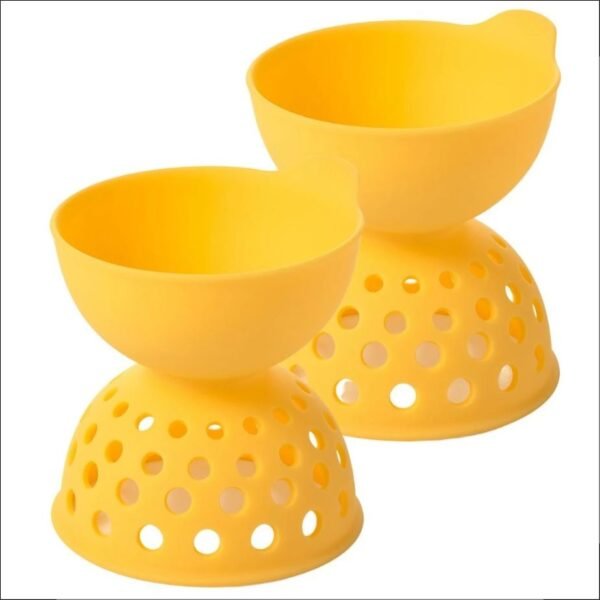 A set of two yellow silicone egg poachers that guide eggs into water and keep them contained for perfect poaching.
