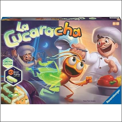 There's a cockroach in the kitchen! For 10 years, millions of people have been enjoying the game of running cockroaches. The beetle climbs quickly, so don't waste a moment! Roll the dice, turn the cutlery and lure it into the trap. With this limited edition, you can play two different games. In addition to the popular basic game, try to lure the agile insects into your trap in the dark! Turn off the lights and the game will glow. High-quality phosphorescent paint and the original glow-in-the-dark cockroach HEXBUG Nano guarantee long-lasting fun from the game!