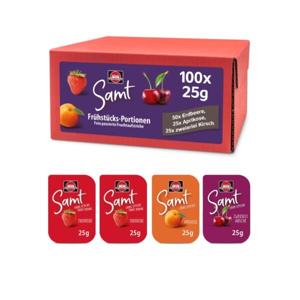 Schwartau Velvet Portions Mix Box, Jam Portion Bowls (50 x Strawberry, 25 x Apricot, 25 x Double Cherry), Large Pack, 100 x 25 g
