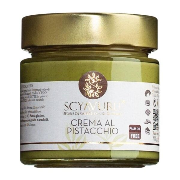 Scyavuru - Crema al pistacchio, sweet pistachio spread without palm oil, 200 g jar, with light salt tone, fine nutty taste, palm oil free