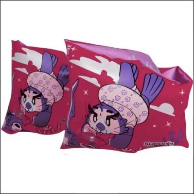 Speedo Learn to Swim Character Printed Armbands in "Aria Miami Lilac/Sweet Taro" offer buoyancy, safety, and fun character prints for young swimmers. Durable PVC with dual air chambers ensures secure support.
