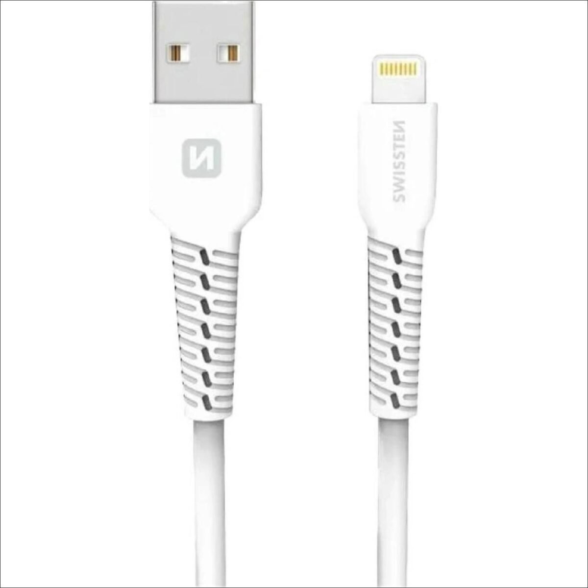 1-meter durable USB-A to Lightning cable with TPU construction and anodized aluminum connectors, suitable for charging and data transfer for Apple devices.