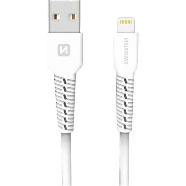 1-meter durable USB-A to Lightning cable with TPU construction and anodized aluminum connectors, suitable for charging and data transfer for Apple devices.